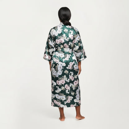 Anna-Kaci Lounge Women' s Floral Print Satin Robe with Waist Tie Soft Silky Fabric Wide Sleeves and Flowing Longline Silhouette