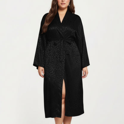 Anna-Kaci Lounge Women' s Satin Jacquard Leopard Pattern Robe with Waist Tie Silky Fabric Wide Sleeves and Flowing Longline Silhouette