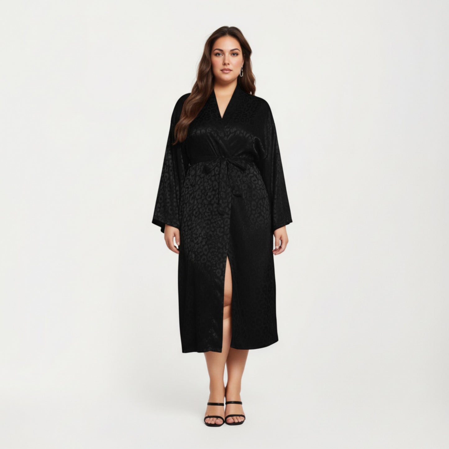 Anna-Kaci Lounge Women' s Satin Jacquard Leopard Pattern Robe with Waist Tie Silky Fabric Wide Sleeves and Flowing Longline Silhouette