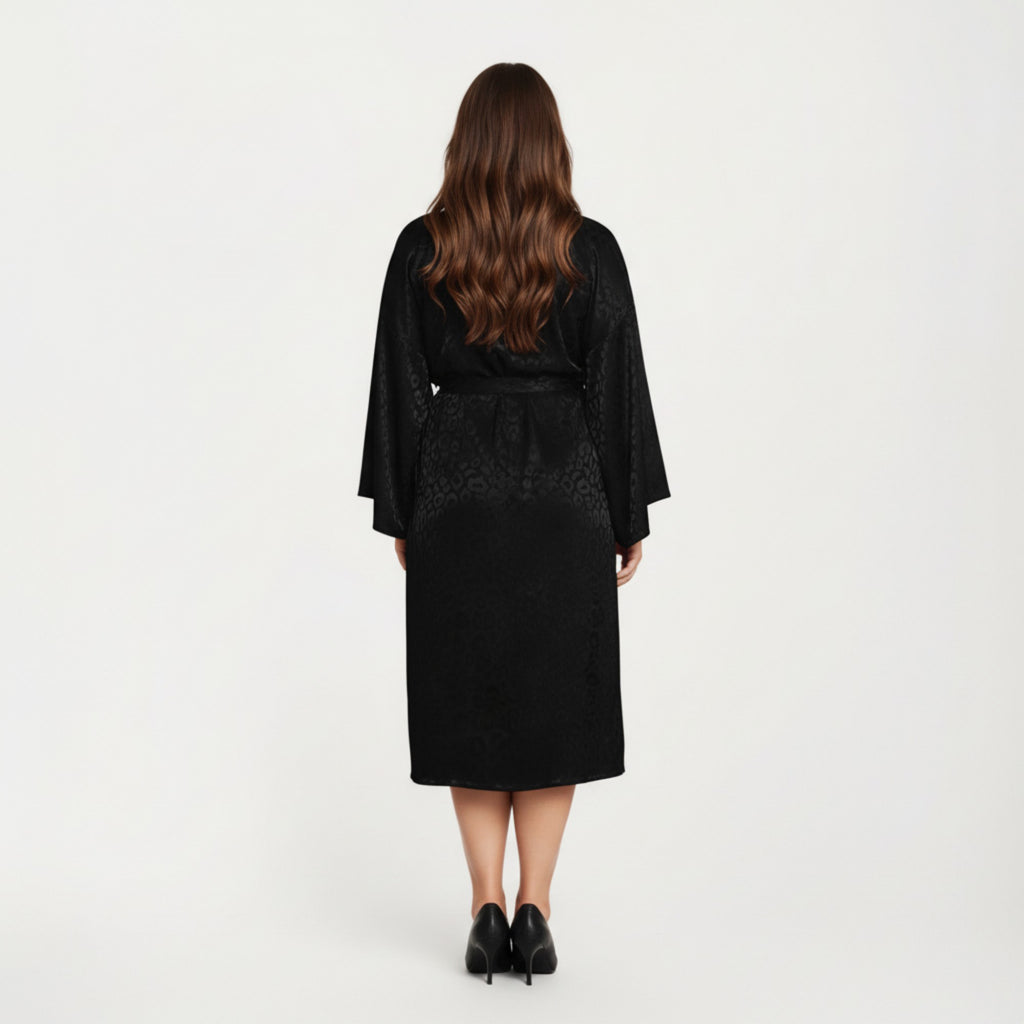 Anna-Kaci Lounge Women' s Satin Jacquard Leopard Pattern Robe with Waist Tie Silky Fabric Wide Sleeves and Flowing Longline Silhouette