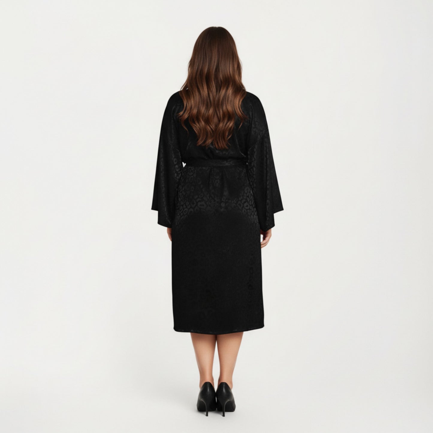 Anna-Kaci Lounge Women' s Satin Jacquard Leopard Pattern Robe with Waist Tie Silky Fabric Wide Sleeves and Flowing Longline Silhouette