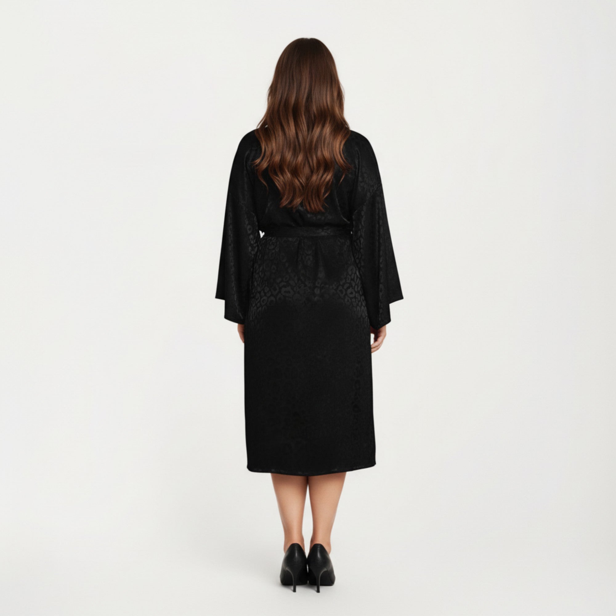 Anna-Kaci Lounge Women' s Satin Jacquard Leopard Pattern Robe with Waist Tie Silky Fabric Wide Sleeves and Flowing Longline Silhouette