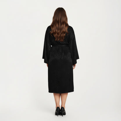 Anna-Kaci Lounge Women' s Satin Jacquard Leopard Pattern Robe with Waist Tie Silky Fabric Wide Sleeves and Flowing Longline Silhouette