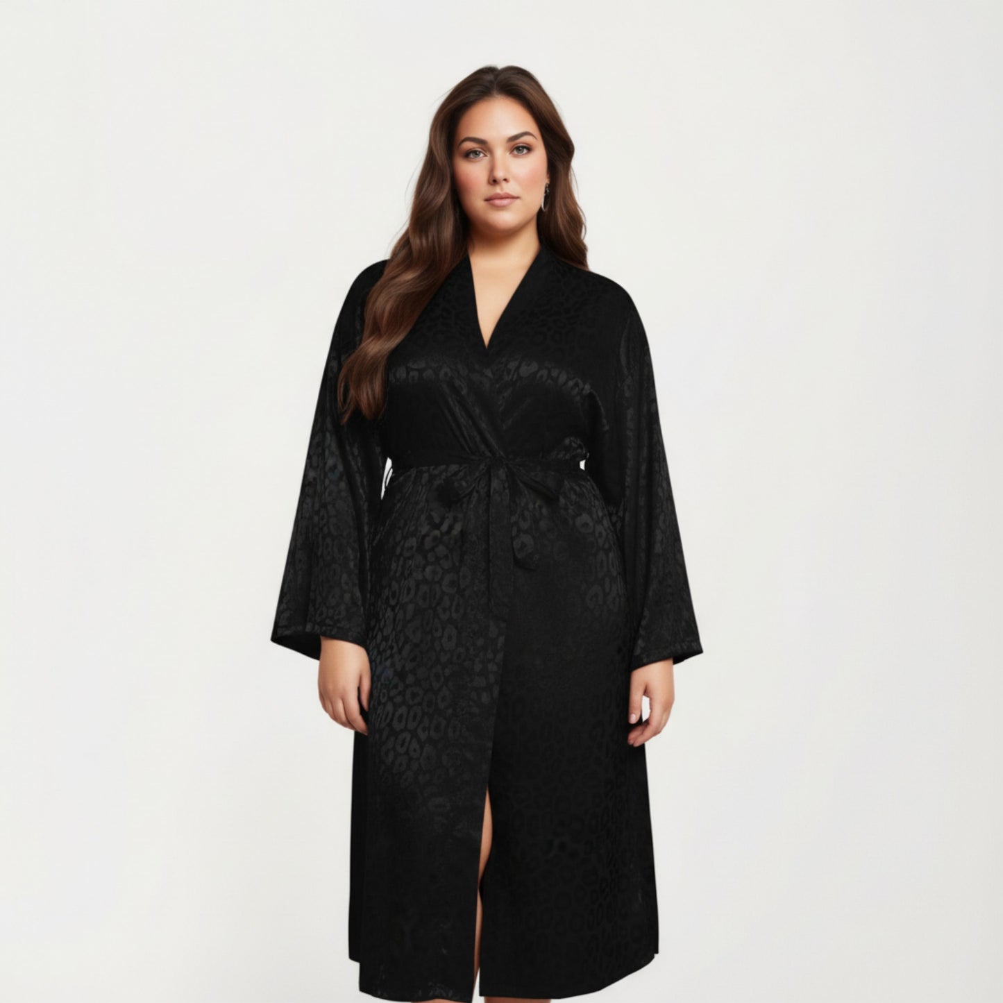 Anna-Kaci Lounge Women' s Satin Jacquard Leopard Pattern Robe with Waist Tie Silky Fabric Wide Sleeves and Flowing Longline Silhouette
