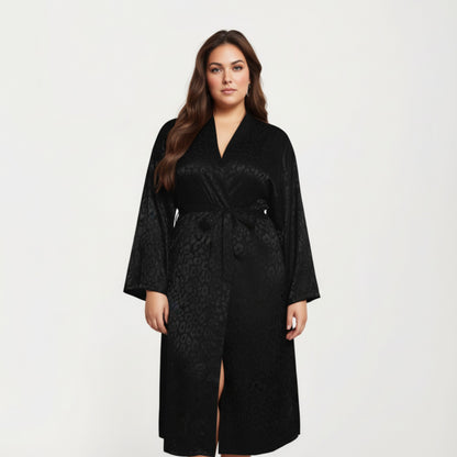 Anna-Kaci Lounge Women' s Satin Jacquard Leopard Pattern Robe with Waist Tie Silky Fabric Wide Sleeves and Flowing Longline Silhouette