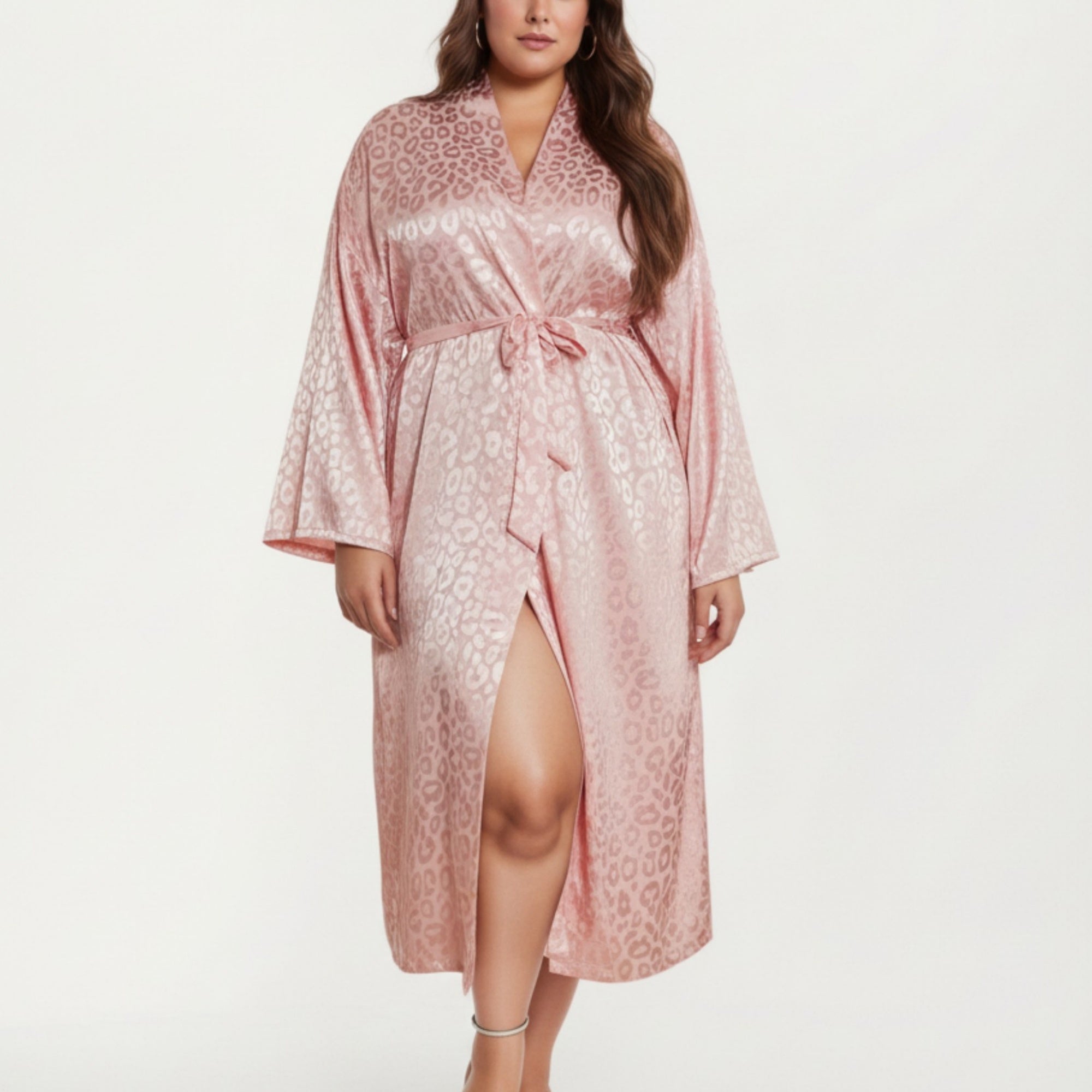 Anna-Kaci Lounge Women' s Satin Jacquard Leopard Pattern Robe with Waist Tie Silky Fabric Wide Sleeves and Flowing Longline Silhouette
