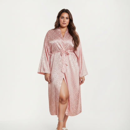 Anna-Kaci Lounge Women' s Satin Jacquard Leopard Pattern Robe with Waist Tie Silky Fabric Wide Sleeves and Flowing Longline Silhouette
