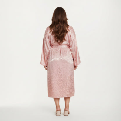 Anna-Kaci Lounge Women' s Satin Jacquard Leopard Pattern Robe with Waist Tie Silky Fabric Wide Sleeves and Flowing Longline Silhouette