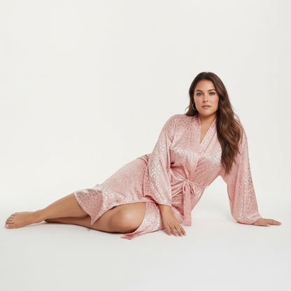 Anna-Kaci Lounge Women' s Satin Jacquard Leopard Pattern Robe with Waist Tie Silky Fabric Wide Sleeves and Flowing Longline Silhouette