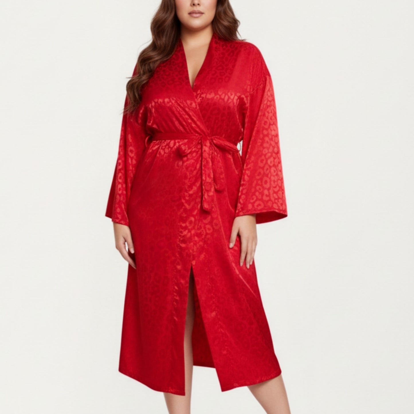 Anna-Kaci Lounge Women' s Satin Jacquard Leopard Pattern Robe with Waist Tie Silky Fabric Wide Sleeves and Flowing Longline Silhouette