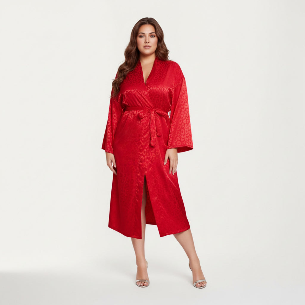 Anna-Kaci Lounge Women' s Satin Jacquard Leopard Pattern Robe with Waist Tie Silky Fabric Wide Sleeves and Flowing Longline Silhouette