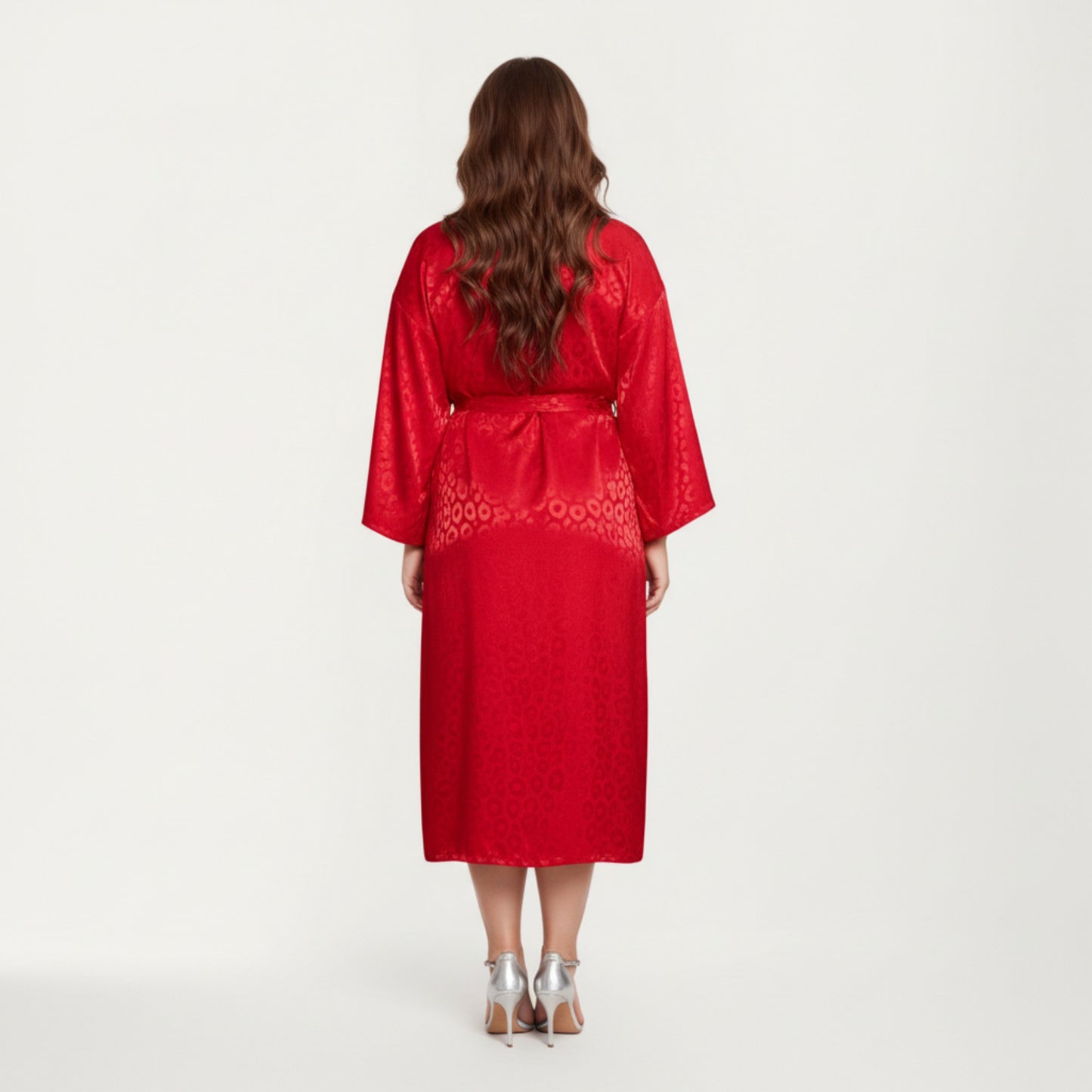 Anna-Kaci Lounge Women' s Satin Jacquard Leopard Pattern Robe with Waist Tie Silky Fabric Wide Sleeves and Flowing Longline Silhouette