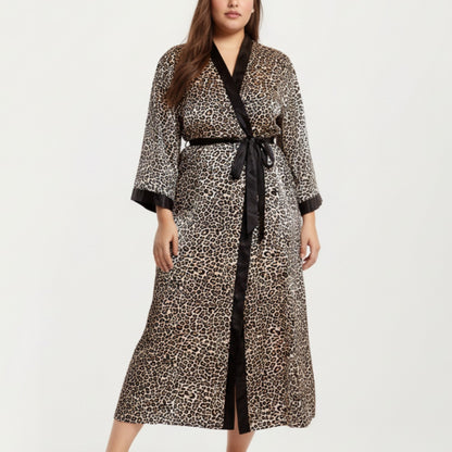 Anna-Kaci Lounge Women' s Leopard Print Satin Robe with Contrast Trim Soft Silky Fabric Waist Tie Closure and Flowing Longline Silhouette