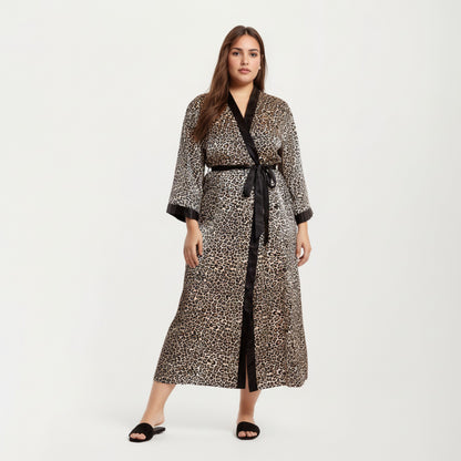 Anna-Kaci Lounge Women' s Leopard Print Satin Robe with Contrast Trim Soft Silky Fabric Waist Tie Closure and Flowing Longline Silhouette