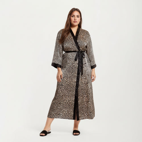 Anna-Kaci Lounge Women' s Leopard Print Satin Robe with Contrast Trim Soft Silky Fabric Waist Tie Closure and Flowing Longline Silhouette