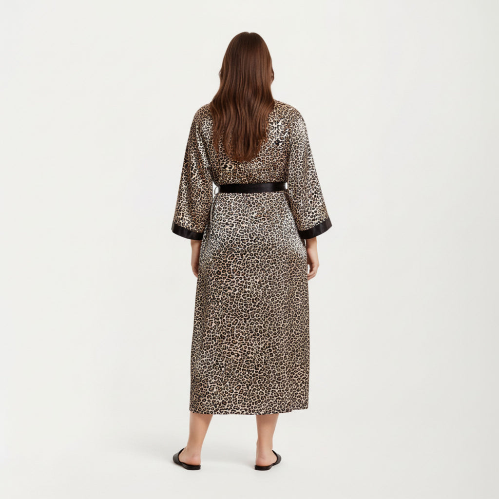 Anna-Kaci Lounge Women' s Leopard Print Satin Robe with Contrast Trim Soft Silky Fabric Waist Tie Closure and Flowing Longline Silhouette