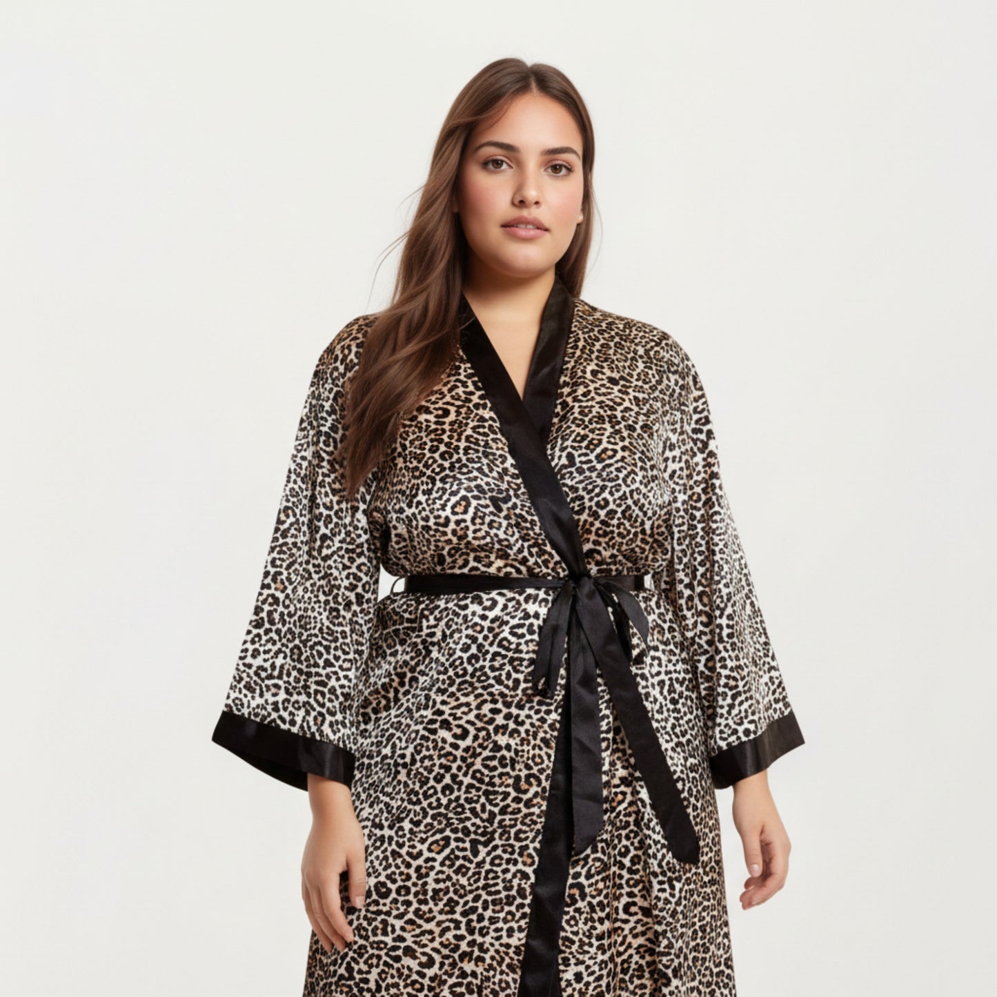 Anna-Kaci Lounge Women' s Leopard Print Satin Robe with Contrast Trim Soft Silky Fabric Waist Tie Closure and Flowing Longline Silhouette