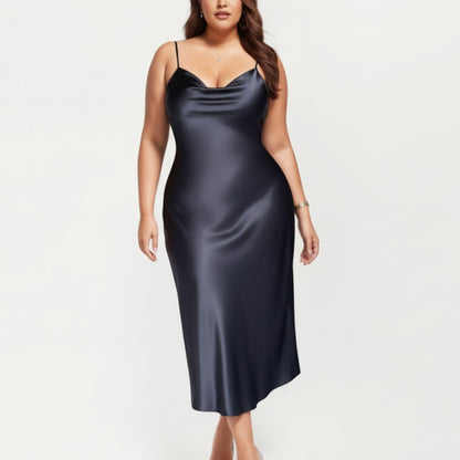 Anna-Kaci Lounge Women' s Satin Slip Midi Dress with Draped Neckline Adjustable Straps and Soft Body-Skimming Flowing Silhouette