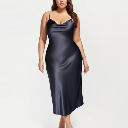 Anna-Kaci Lounge Women' s Satin Slip Midi Dress with Draped Neckline Adjustable Straps and Soft Body-Skimming Flowing Silhouette