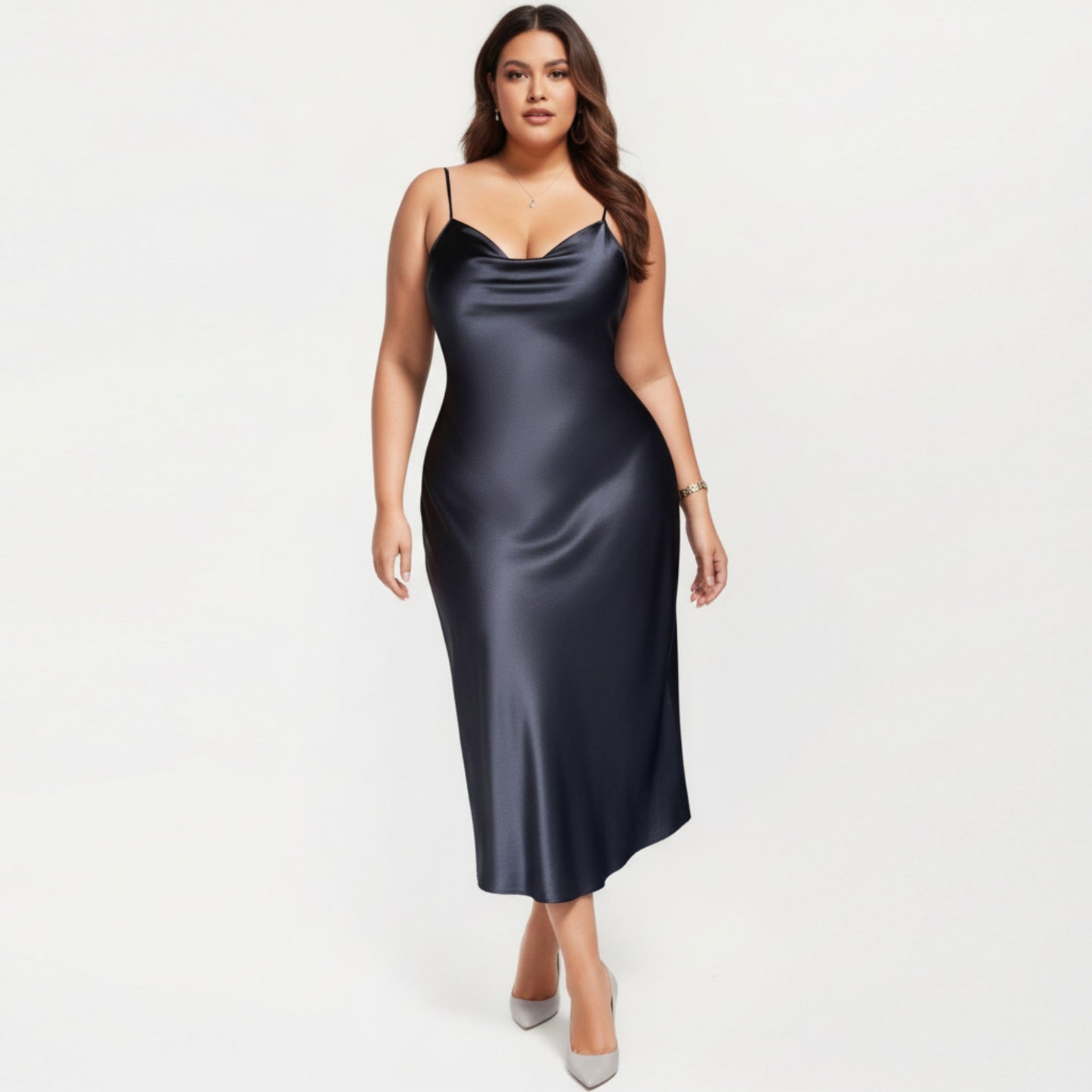 Anna-Kaci Lounge Women' s Satin Slip Midi Dress with Draped Neckline Adjustable Straps and Soft Body-Skimming Flowing Silhouette