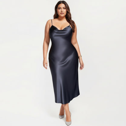 Anna-Kaci Lounge Women' s Satin Slip Midi Dress with Draped Neckline Adjustable Straps and Soft Body-Skimming Flowing Silhouette