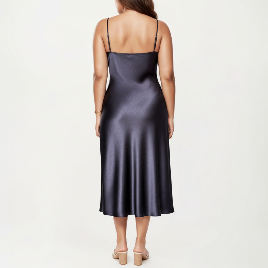 Anna-Kaci Lounge Women' s Satin Slip Midi Dress with Draped Neckline Adjustable Straps and Soft Body-Skimming Flowing Silhouette