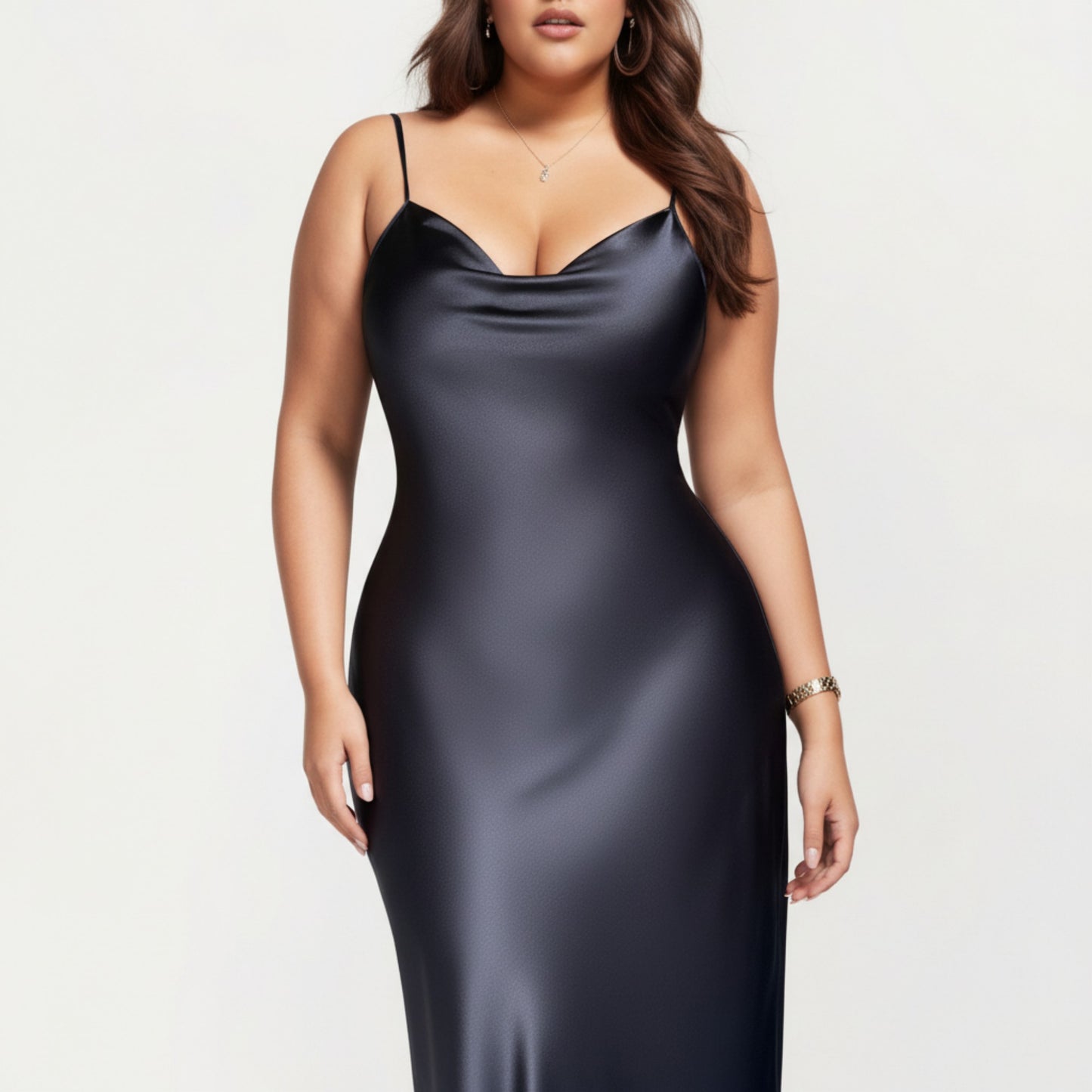 Anna-Kaci Lounge Women' s Satin Slip Midi Dress with Draped Neckline Adjustable Straps and Soft Body-Skimming Flowing Silhouette