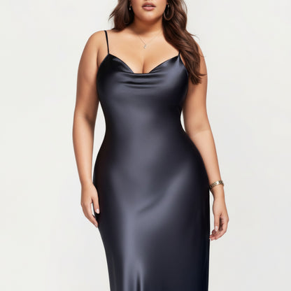 Anna-Kaci Lounge Women' s Satin Slip Midi Dress with Draped Neckline Adjustable Straps and Soft Body-Skimming Flowing Silhouette