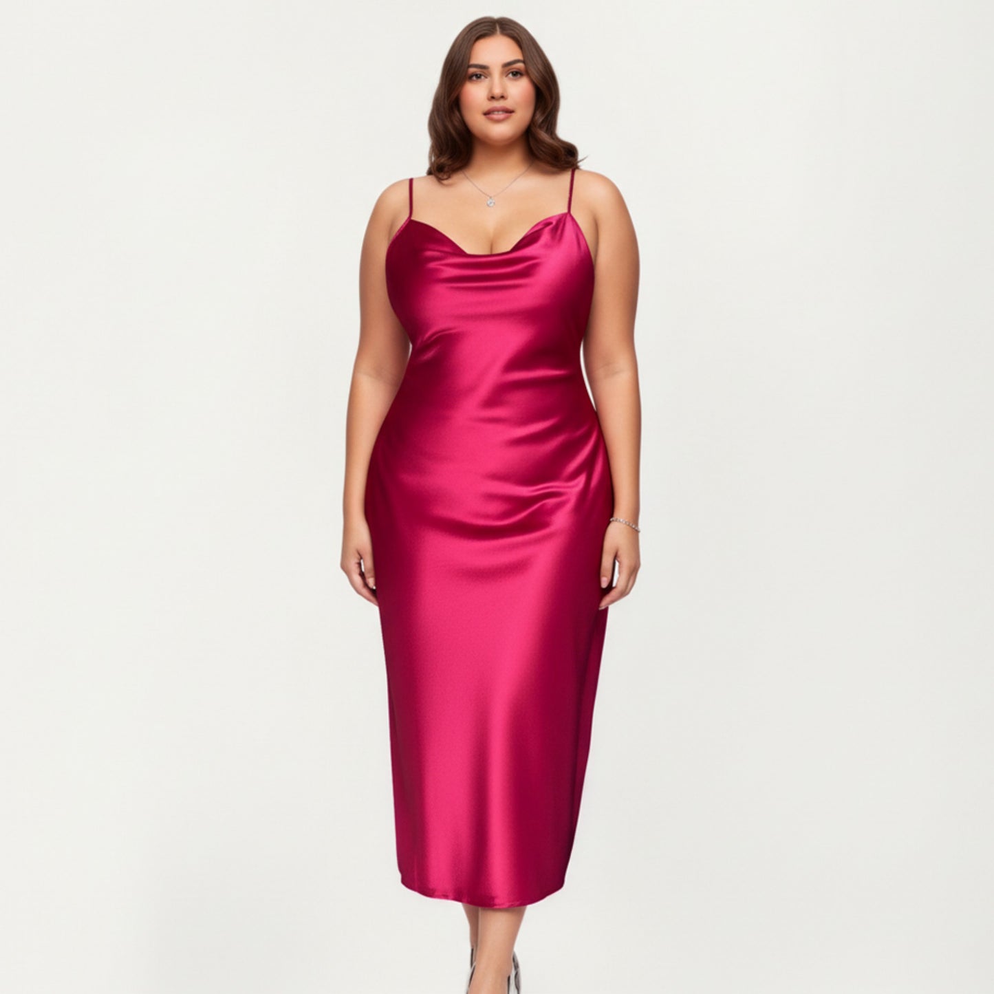 Anna-Kaci Lounge Women' s Satin Slip Midi Dress with Draped Neckline Adjustable Straps and Soft Body-Skimming Flowing Silhouette