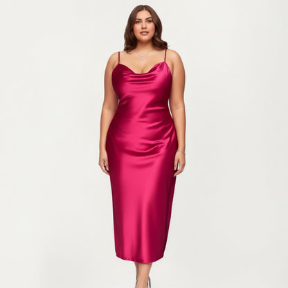 Anna-Kaci Lounge Women' s Satin Slip Midi Dress with Draped Neckline Adjustable Straps and Soft Body-Skimming Flowing Silhouette