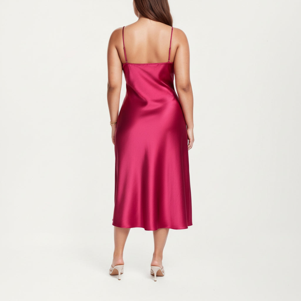 Anna-Kaci Lounge Women' s Satin Slip Midi Dress with Draped Neckline Adjustable Straps and Soft Body-Skimming Flowing Silhouette