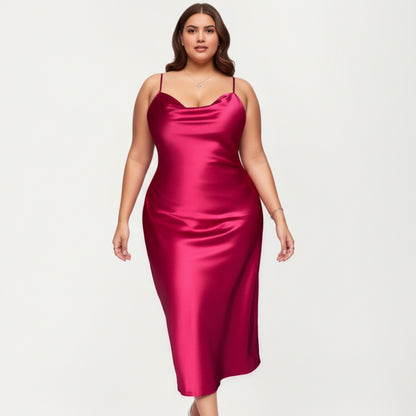 Anna-Kaci Lounge Women' s Satin Slip Midi Dress with Draped Neckline Adjustable Straps and Soft Body-Skimming Flowing Silhouette