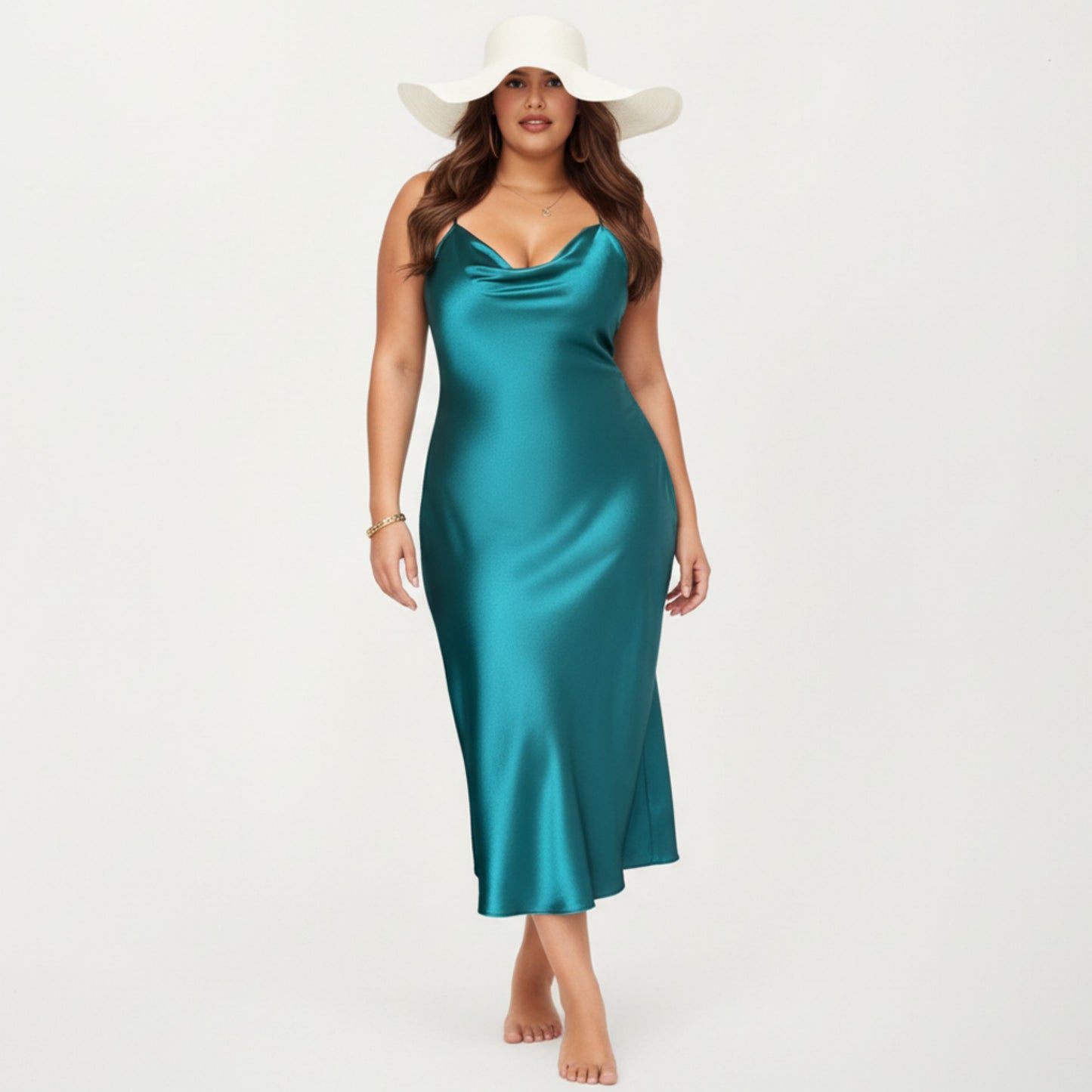 Anna-Kaci Lounge Women' s Satin Slip Midi Dress with Draped Neckline Adjustable Straps and Soft Body-Skimming Flowing Silhouette