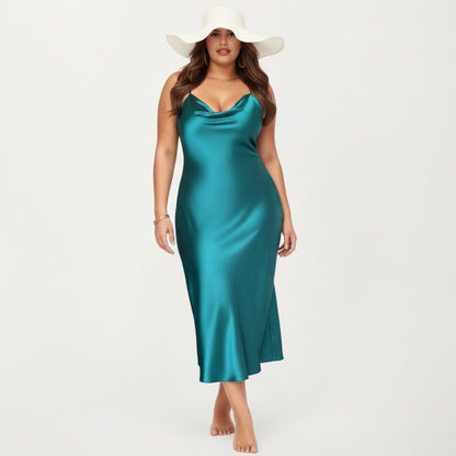 Anna-Kaci Lounge Women' s Satin Slip Midi Dress with Draped Neckline Adjustable Straps and Soft Body-Skimming Flowing Silhouette