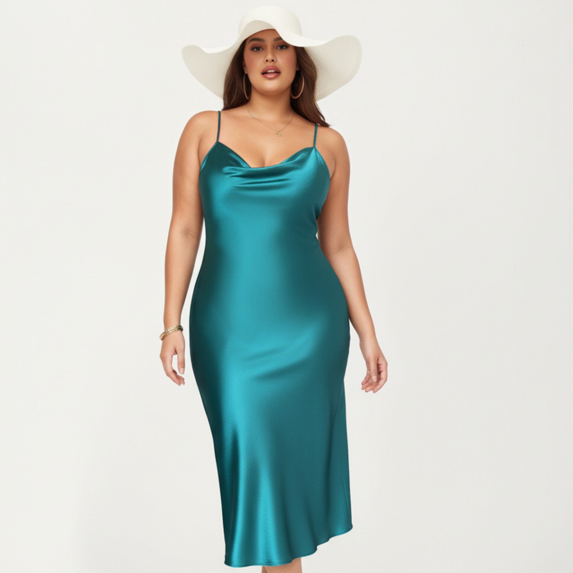 Anna-Kaci Lounge Women' s Satin Slip Midi Dress with Draped Neckline Adjustable Straps and Soft Body-Skimming Flowing Silhouette