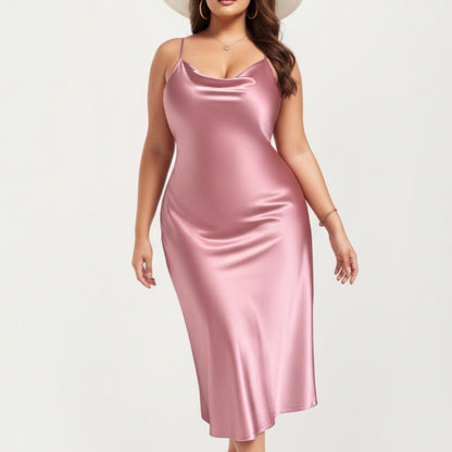 Anna-Kaci Lounge Women' s Satin Slip Midi Dress with Draped Neckline Adjustable Straps and Soft Body-Skimming Flowing Silhouette