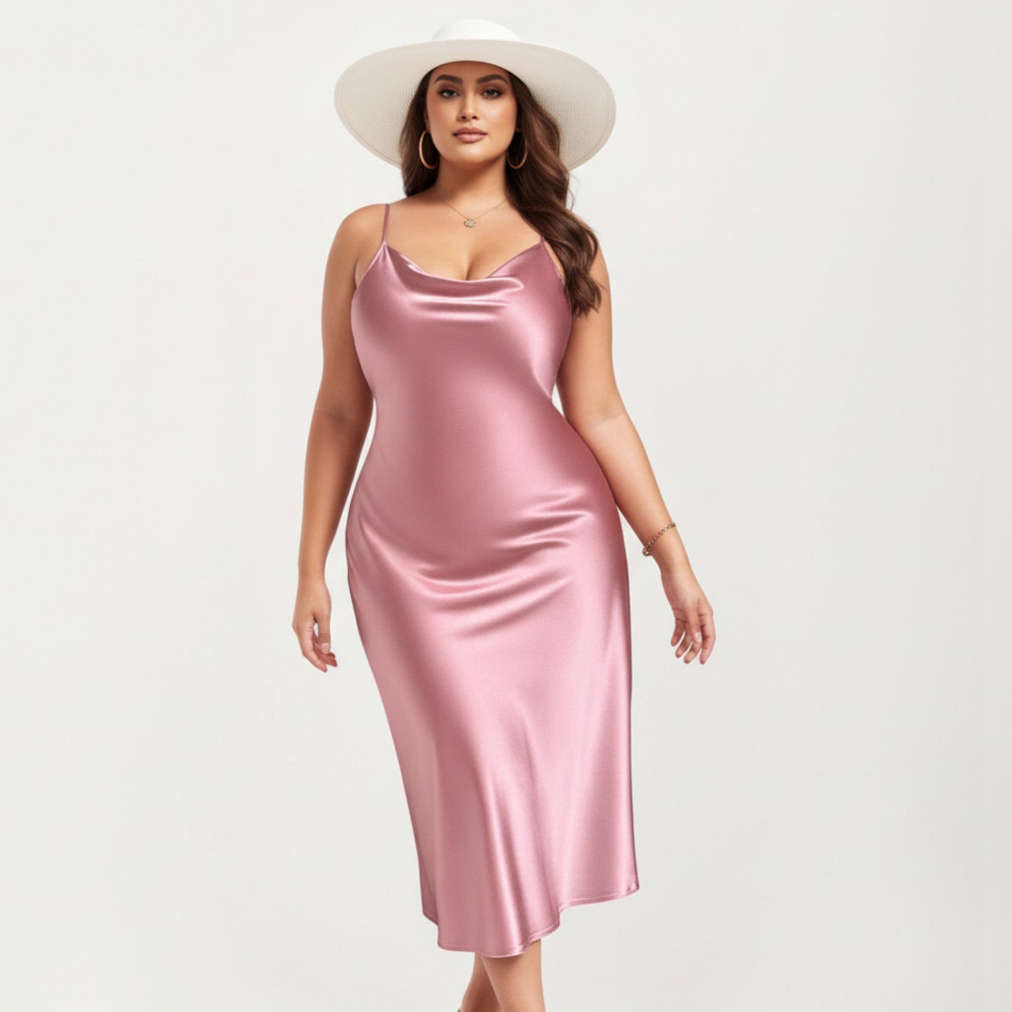Anna-Kaci Lounge Women' s Satin Slip Midi Dress with Draped Neckline Adjustable Straps and Soft Body-Skimming Flowing Silhouette