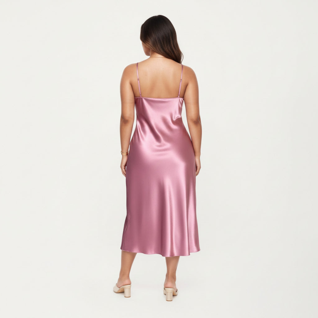 Anna-Kaci Lounge Women' s Satin Slip Midi Dress with Draped Neckline Adjustable Straps and Soft Body-Skimming Flowing Silhouette