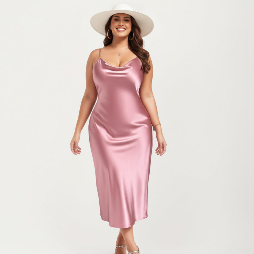Anna-Kaci Lounge Women' s Satin Slip Midi Dress with Draped Neckline Adjustable Straps and Soft Body-Skimming Flowing Silhouette