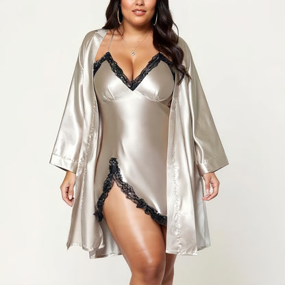 Anna-Kaci Lounge Women' s 2-Piece Satin Slip Dress and Robe Set with Lace Trim Details and Elegant Flowing Layered Silhouette