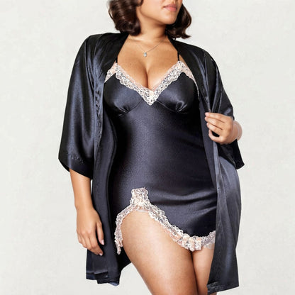 Anna-Kaci Lounge Women' s 2-Piece Satin Slip Dress and Robe Set with Lace Trim Details and Elegant Flowing Layered Silhouette