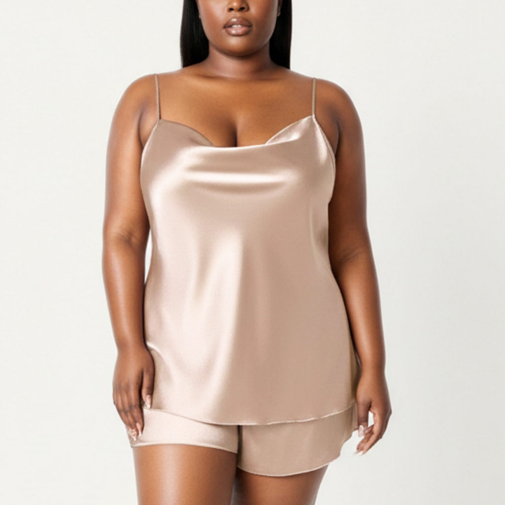 Anna-Kaci Lounge Women' s 2-Piece Satin Cami and Shorts Set with Draped Neckline Silky Fabric and Lightweight Relaxed Fit