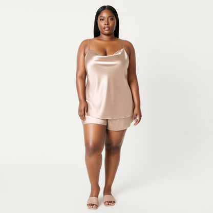 Anna-Kaci Lounge Women' s 2-Piece Satin Cami and Shorts Set with Draped Neckline Silky Fabric and Lightweight Relaxed Fit