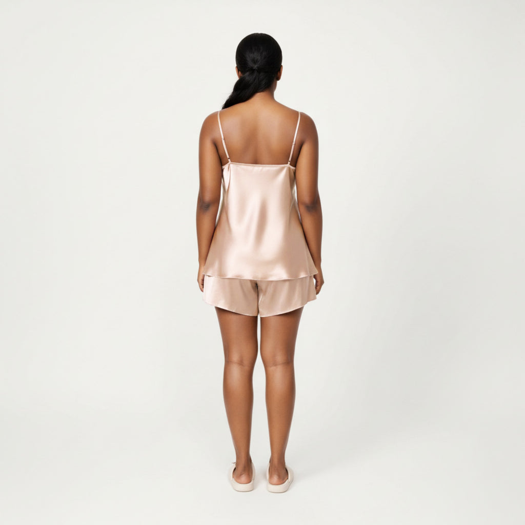 Anna-Kaci Lounge Women' s 2-Piece Satin Cami and Shorts Set with Draped Neckline Silky Fabric and Lightweight Relaxed Fit