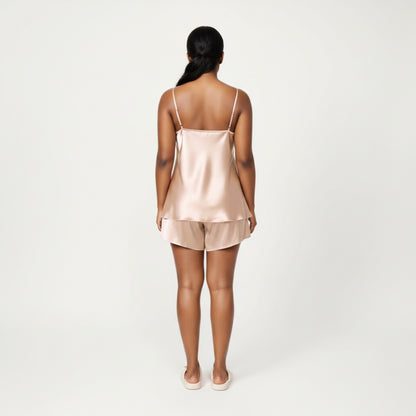 Anna-Kaci Lounge Women' s 2-Piece Satin Cami and Shorts Set with Draped Neckline Silky Fabric and Lightweight Relaxed Fit