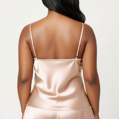 Anna-Kaci Lounge Women' s 2-Piece Satin Cami and Shorts Set with Draped Neckline Silky Fabric and Lightweight Relaxed Fit