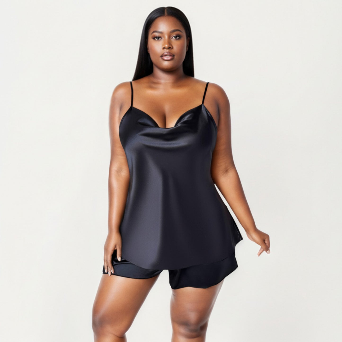 Anna-Kaci Lounge Women' s 2-Piece Satin Cami and Shorts Set with Draped Neckline Silky Fabric and Lightweight Relaxed Fit