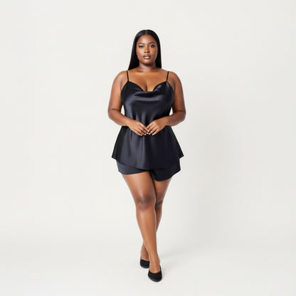 Anna-Kaci Lounge Women' s 2-Piece Satin Cami and Shorts Set with Draped Neckline Silky Fabric and Lightweight Relaxed Fit