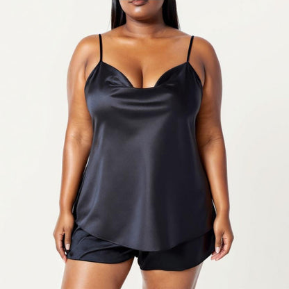 Anna-Kaci Lounge Women' s 2-Piece Satin Cami and Shorts Set with Draped Neckline Silky Fabric and Lightweight Relaxed Fit