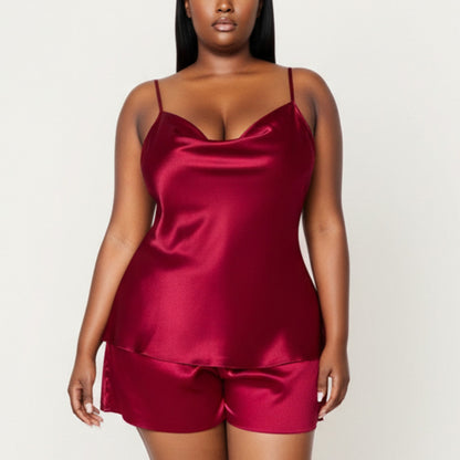 Anna-Kaci Lounge Women' s 2-Piece Satin Cami and Shorts Set with Draped Neckline Silky Fabric and Lightweight Relaxed Fit